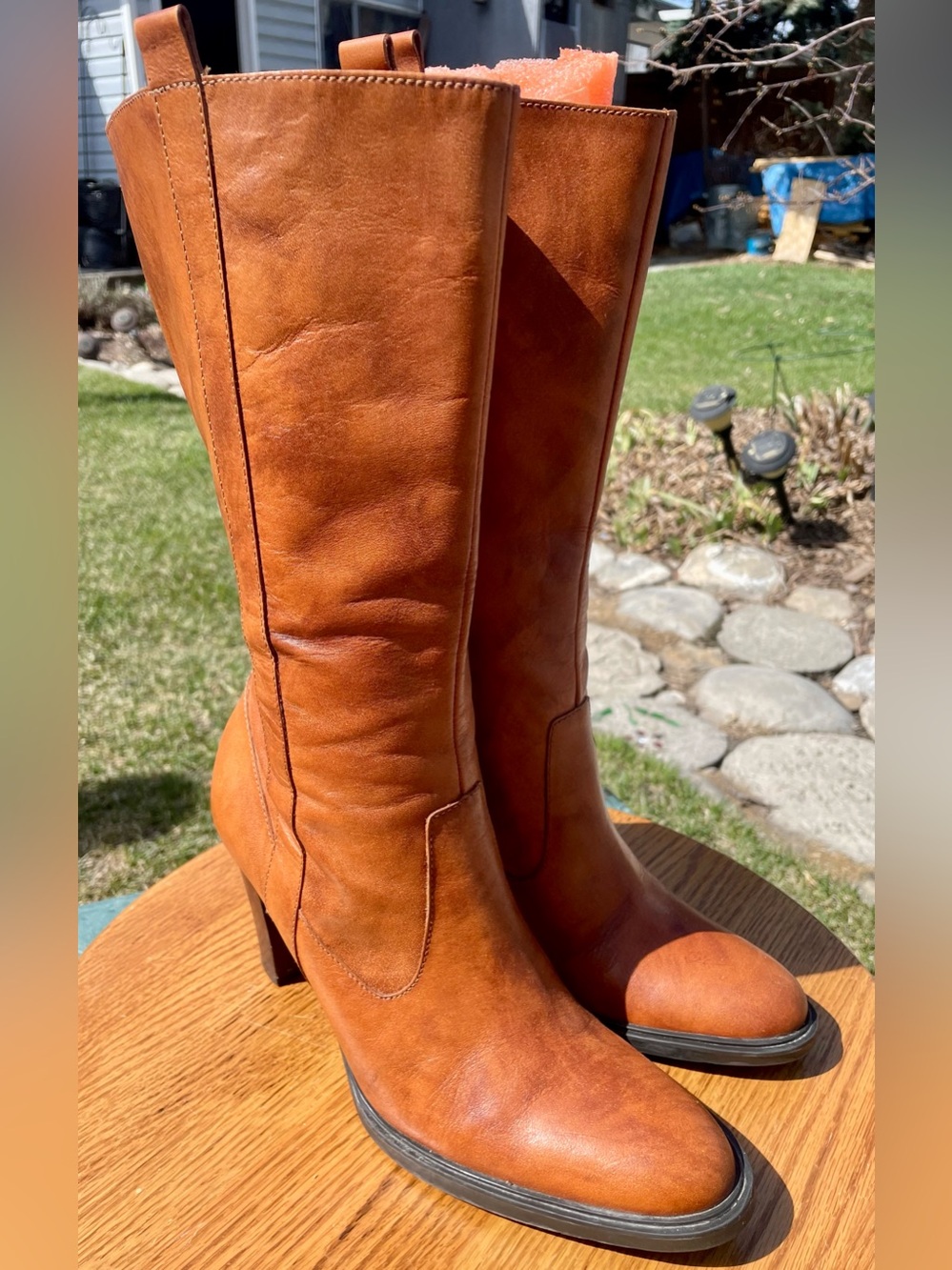 Nine West Distressed Leather Heeled Boots in Cognac Brown